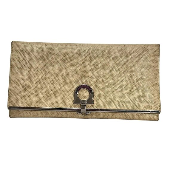 Auth Salvatore Ferragamo Gancini - Beige Silver Leather Long Wallet - Picture 1 of 5